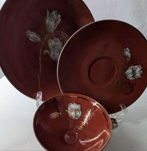 Tea Cup Saucer Plate Trio Bavaria Rich Burnt Orange White Flowers Gold Trim